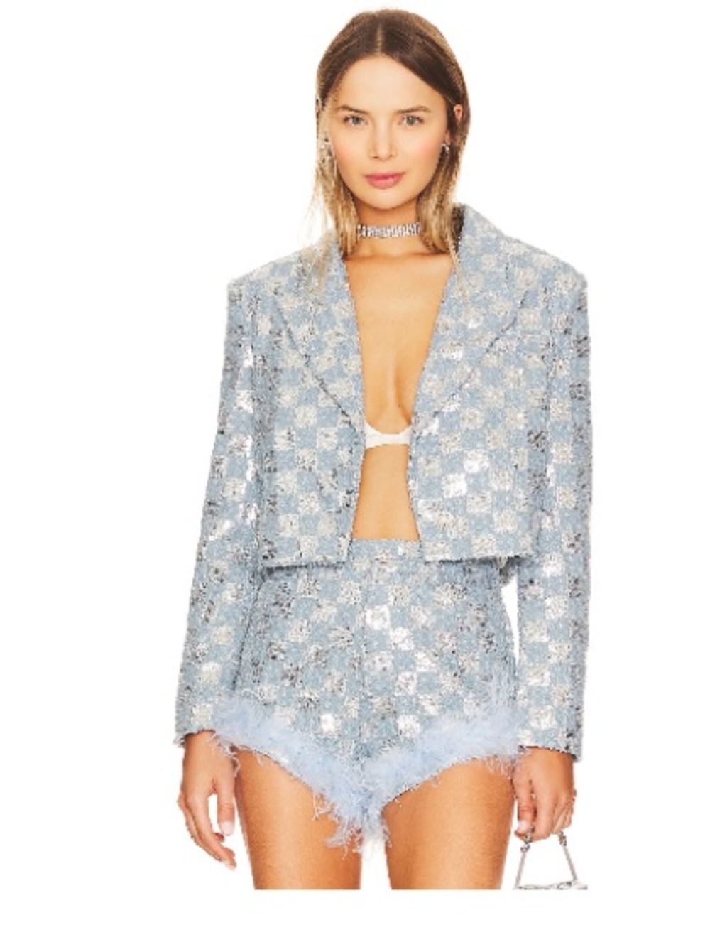 Line & Dot Blue Cropped Sequin Jacket